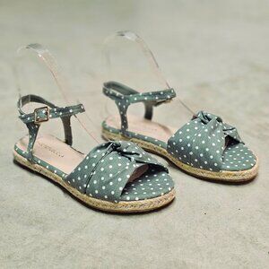 Polka Dot Espadrille Flat Sandals With Knot Detail & Adjustable Ankle Strap